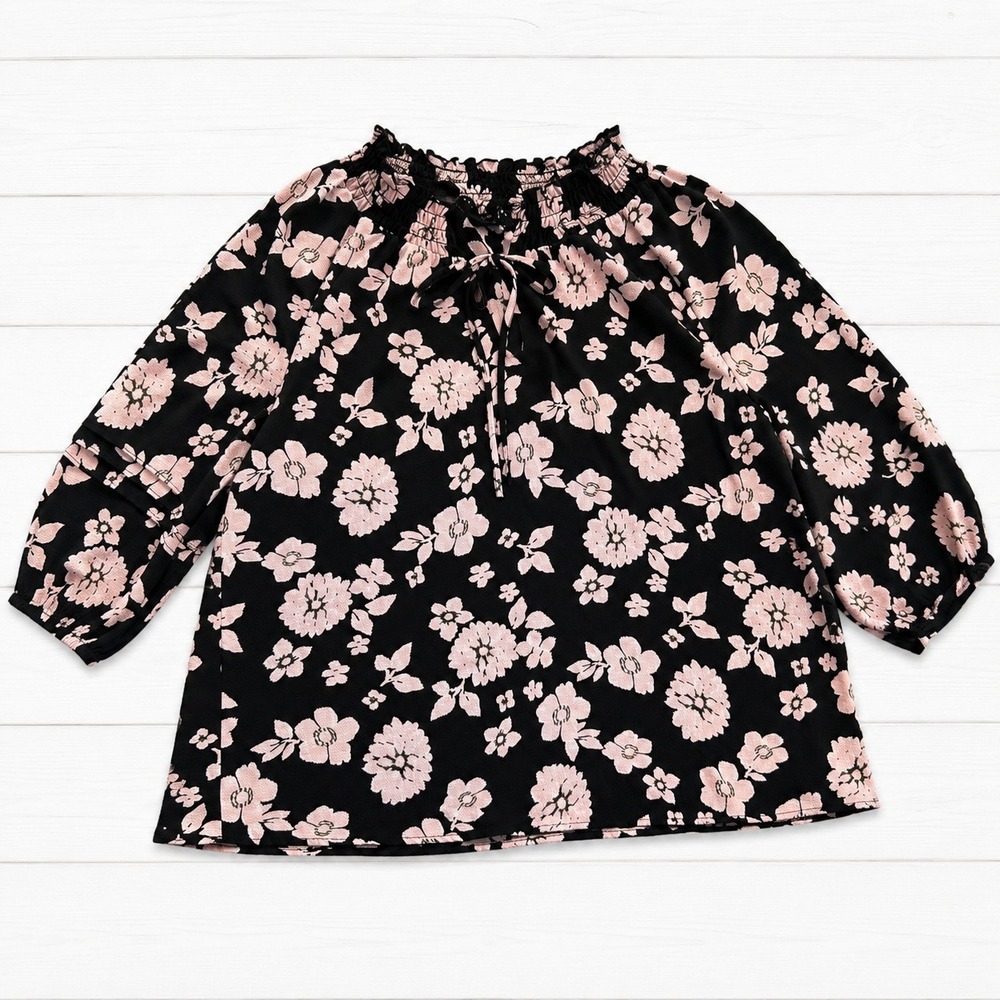 Social Standard by Sanctuary Pink Floral Smocked Peasant Boho Blouse Black XL